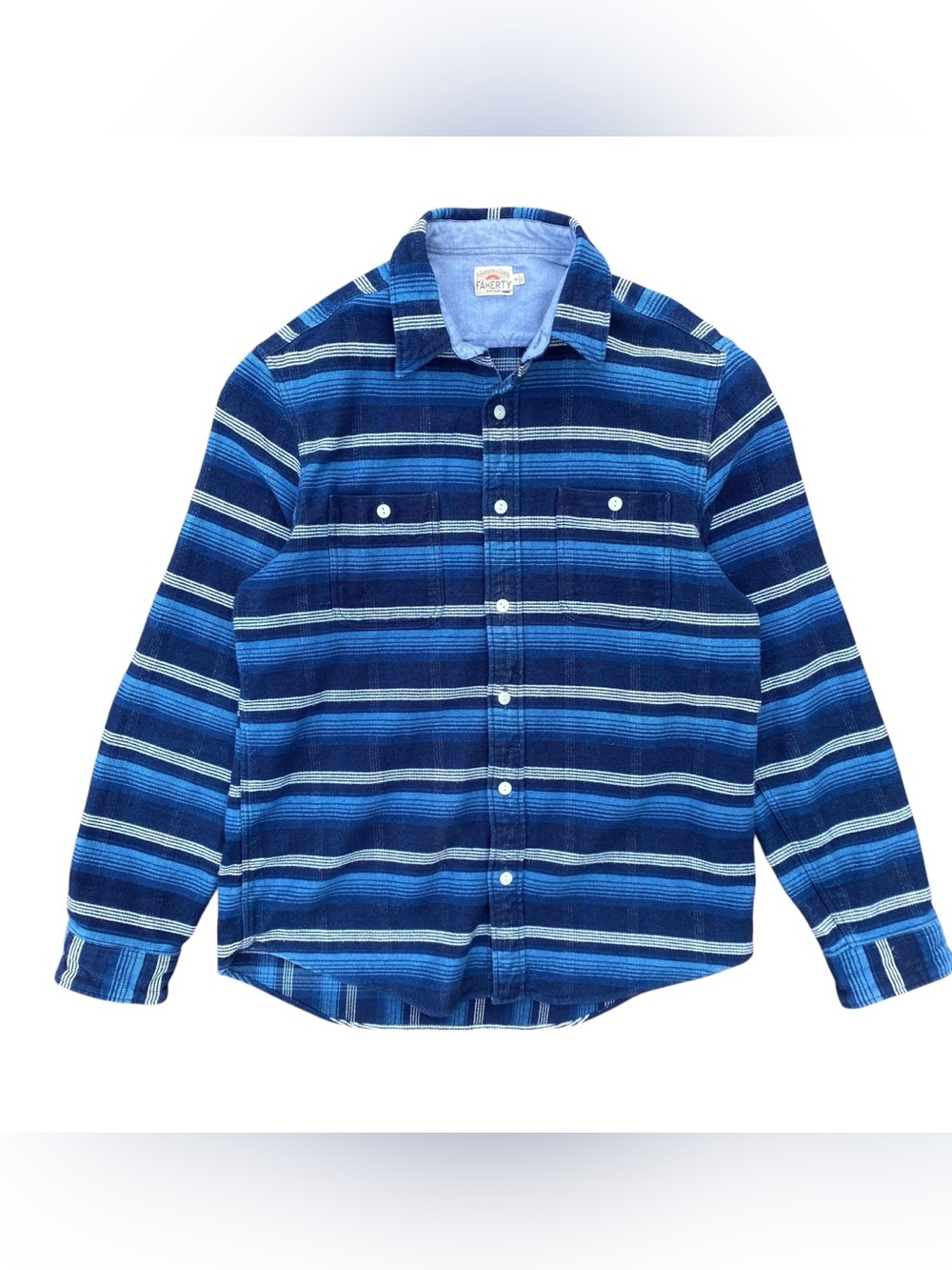 Faherty Button Up Surf Shirt Blue Stripe Heavyweight Blanket Knit Mens Medium - Picture 2 of 6